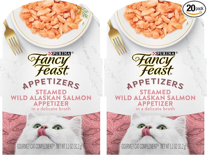 Fancy Feast Purina Appetizers Lickable Grain Free Wet Cat Food Topper Wild Alaskan Salmon Appetizer - 1.1 oz. Trays,(Pack of 20)