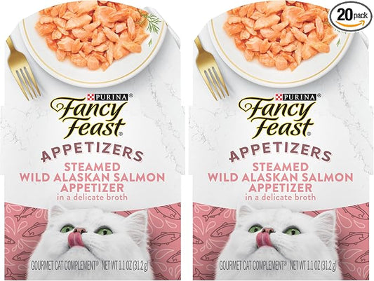 Fancy Feast Purina Appetizers Lickable Grain Free Wet Cat Food Topper Wild Alaskan Salmon Appetizer - 1.1 oz. Trays,(Pack of 20)