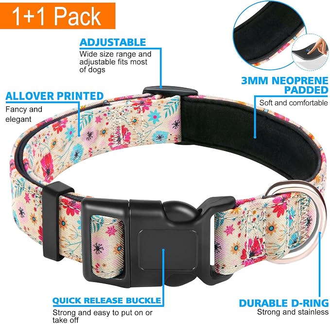 Ladoogo Reflective Dog Collar Padded with Soft Neoprene Breathable Adjustable Nylon Dog Collars for Small Medium Large Dogs (Medium (Pack of 1), Vanila/Pink Floral Collar+Leash)