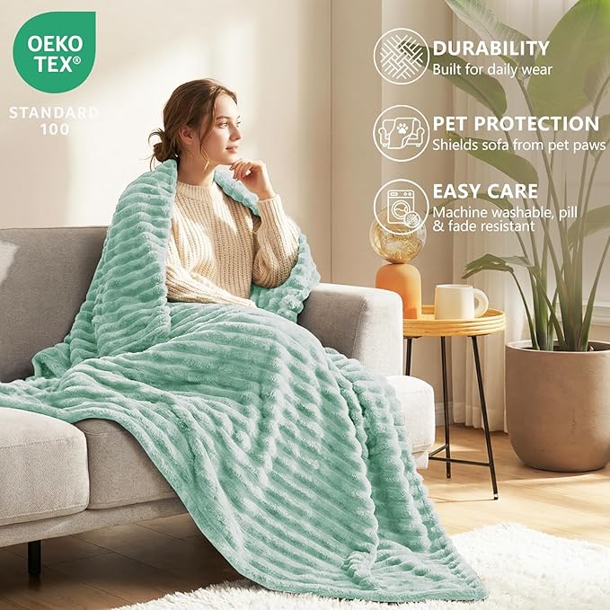 HIMEET Fleece Sage Green Queen Blanket for Bed - 300GSM Ribbed Soft Cozy Bedding Blanket, House Warming Gifts New Home, Luxury Bedroom Decor Throws, 90x90 Inches