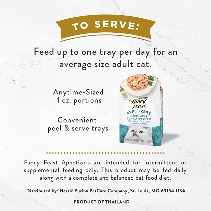 Fancy Feast Purina Appetizers Lickable Grain Free Wet Cat Food Topper Light Meat Tuna Appetizer with Scallop - 1.1 oz. Trays,(Pack of 20)