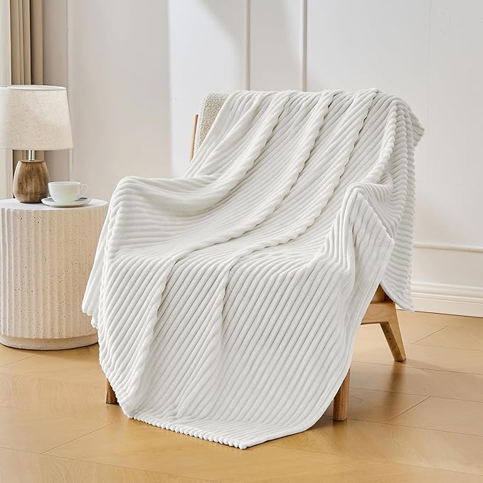 Bnuitland Fleece Throw Blanket for Couch, 300GSM Soft Warm Cozy Fluffy White Throw for Adults & Kids, Stripe Pattern 50"x60", All Season Sofa Bed Blanket for Home Decor