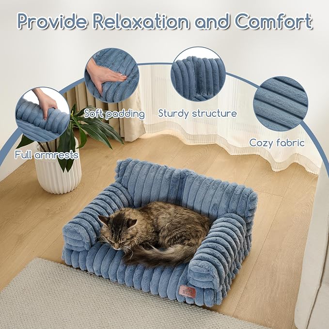 Hollypet Fluffy Dog Cat Bed Pet Couch Beds Plush Soft Warming Washable Puppy Bed for Small Medium Dogs and Large Cats, Haze Blue, 24" L x 18" W x 10" Th