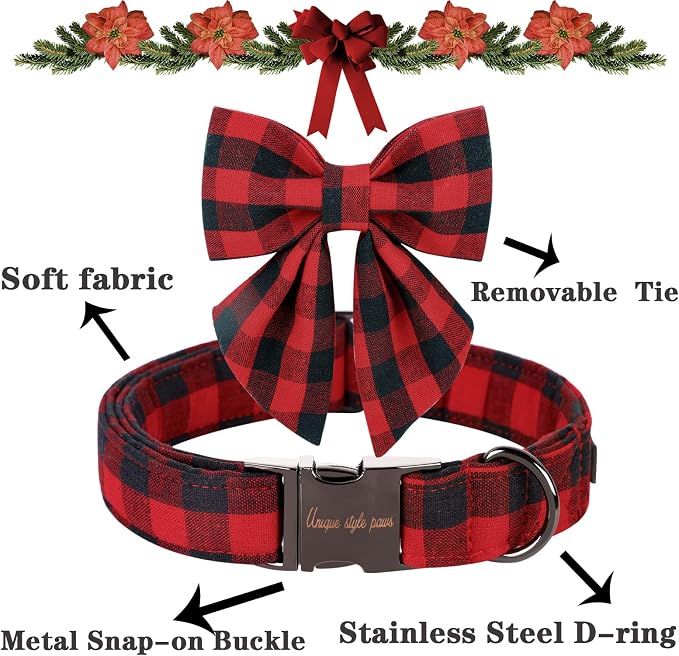 Unique style paws Christmas Dog Collar with Bow Tie Classic Red Plaid Puppy Collar for Small Medium Large Dogs as Holiday Winter Gifts-XS