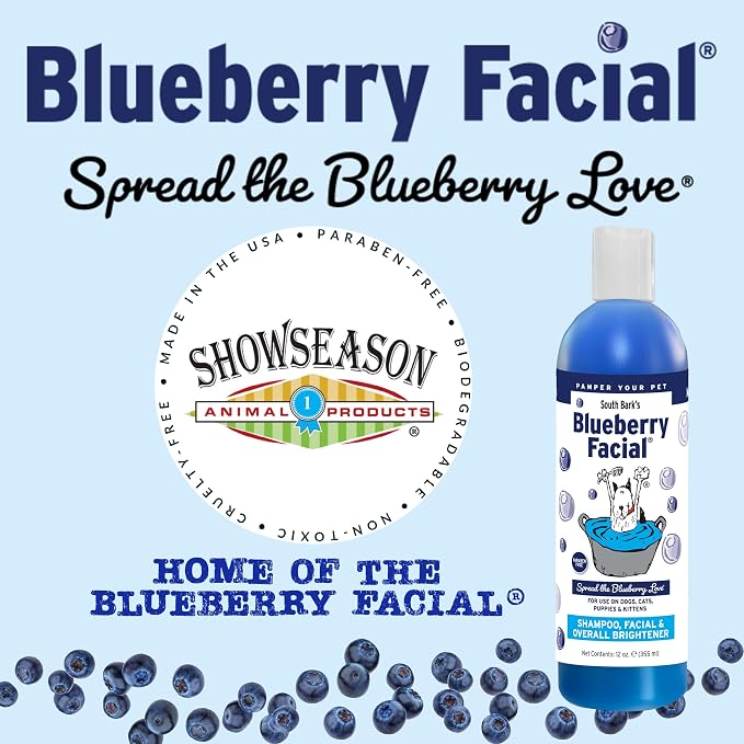 ShowSeason South Bark's Blueberry Facial® Pet Shampoo 12 oz. | Brightener & Tear Stain Remover, Long-Lasting Odor Eliminator, Cruelty-Free, Paraben-Free, Made in The USA, for Dogs and Cats
