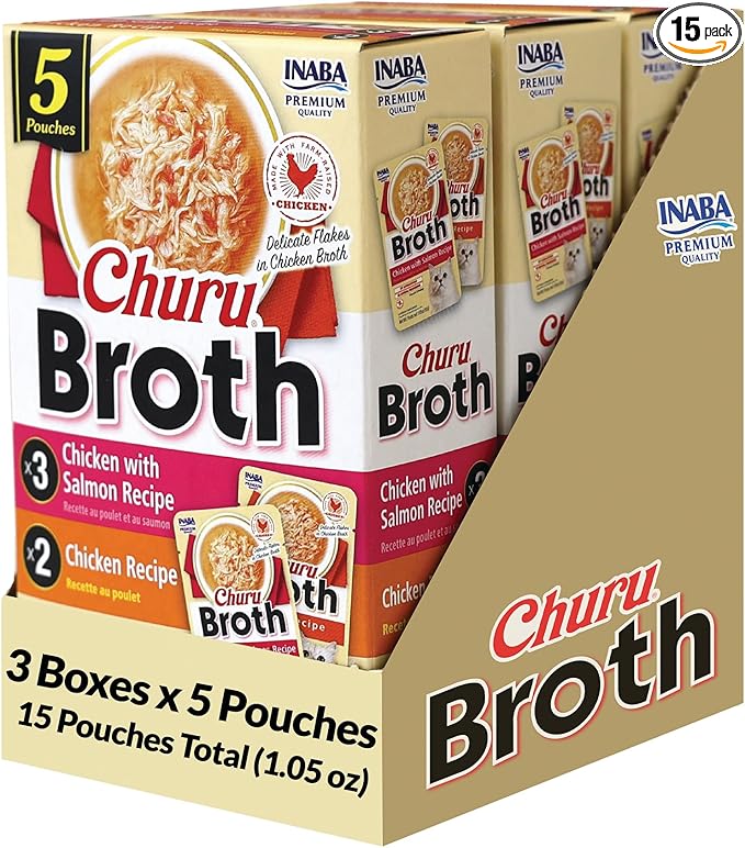 INABA Churu Broth for Cats, Creamy Purée Side Dish Pouch, 1.05 oz Pouches, 15 Pouches Total, Chicken Variety