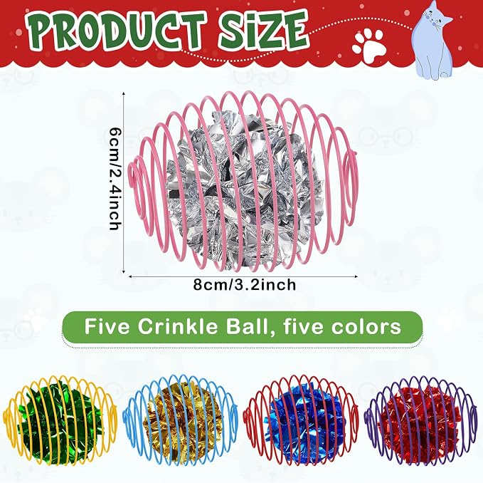 Jecery 5 Pcs Cat Spring Balls Toys Stretchable Rolling Balls Colorful Playful Coils Interactive Action Toy Caged Rats for Kitten Pet Supplies (Crinkle Ball,Multicolor)