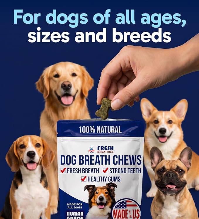 Pup Labs Fresh Breathies, All-Natural Dental Chews for Dogs, Dog Breath Treatment That Supports Gut Health and Immune System, Dog Teeth Cleaning Chews, Dental Treats for Dogs Made in The USA, 30 Count