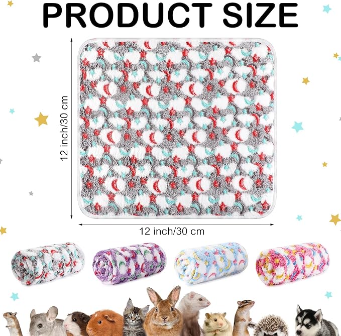 Reginary 4 Pcs Waterproof Guinea Pig Blankets Washable Small Animal Fleece Bedding Absorbent Guinea Pig Cage Liners Reusable Training Pee Pad Pet Sleep Mat for Hamster(Moon Star Pattern,12 x 12 Inch)