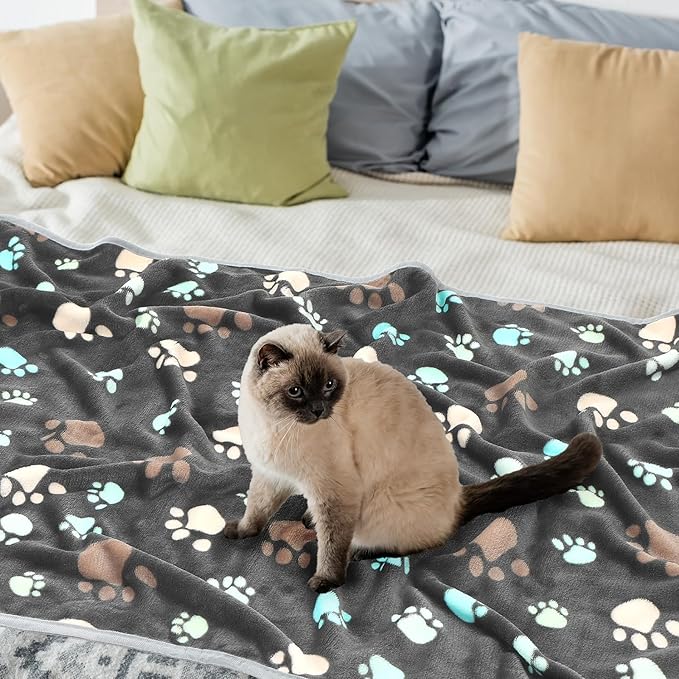Tegeme 12 Pcs Pet Blankets 41 x 30 Inch Soft Fluffy Fleece Dog Cat Warm Paw Print Pattern Blankets Flannel Throw for Pets Dog Puppy Cat(Gray)