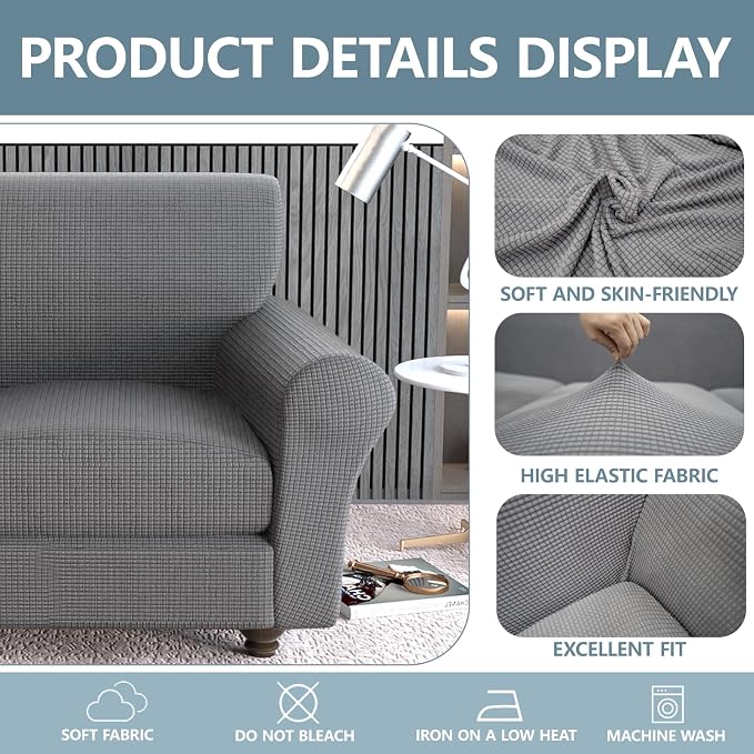 Stretch Couch Covers for 2 Separate Cushion Couch Sofa -Living Room Couch Sofa Cover,Washable Sofa Slipcover,Pet Friendly Furniture Protector with Elastic Bottom,Universal Fit for Home(Gray,Loveseat)