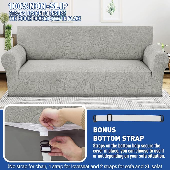 YEMYHOM Couch Cover Latest Jacquard Design High Stretch Sofa Chair Covers for Living Room, Pet Dog Cat Proof Armchair Slipcover Non Slip Elastic Furniture Protector (Small, Begonia Leaf Light Gray)