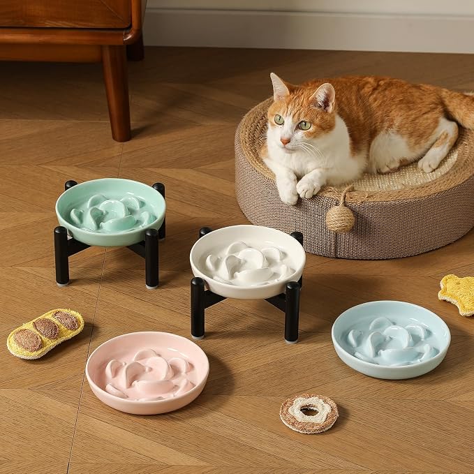 Elevated Slow Feeder Cat Bowl - Ceramic Cat Food Dish with Anti-Slip Stainless Steel Stand - Raised Maze Plate for Slow Eating - Light Pink
