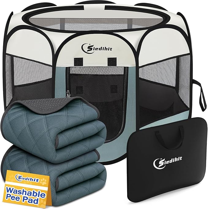 Siedihit Dog Playpen with 2 Washable Pee Pad, Puppy Pet Cat Playpen Small AnimalsTent Crate Indoor/Outdoor, Portable Pop Up Kennel with Carrying Case(Grey with 2 Pads, Small)