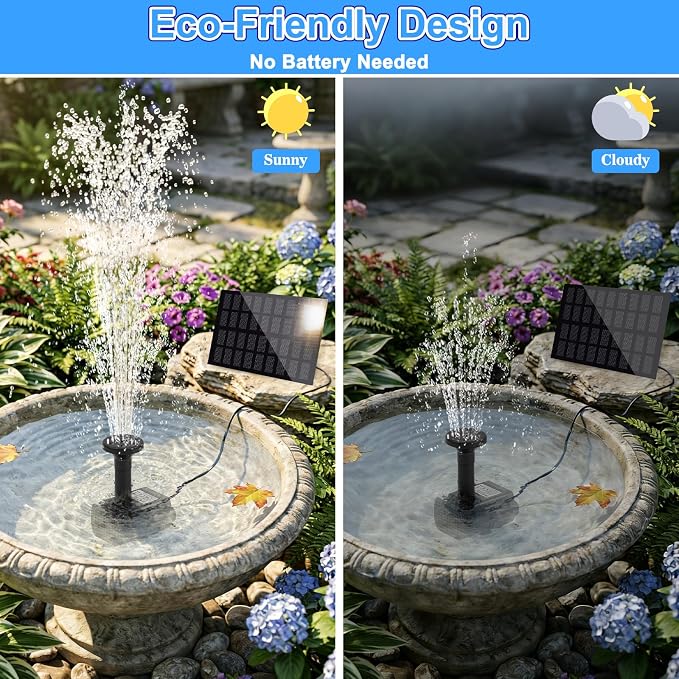 Yeomi Solar Fountain Pump for Bird Bath, 2W Upgraded Solar Water Pump with Separate Panel & 3M/9.84ft Cable, 4 Nozzles for Fountain Effects, Eco-Friendly for Bird Bath, Garden, Pond, Patio Decor