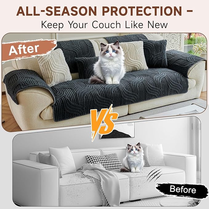 OTOB All Season Couch Cover for Dogs Washable, Non Slip Fuzzy Plush Pet Couch Covers, Cat Kids Pet Friendly Soft Armrest Sofa Slipcovers Furniture Protector, 1 Piece (Dark Gray, 27.6"x27.6")