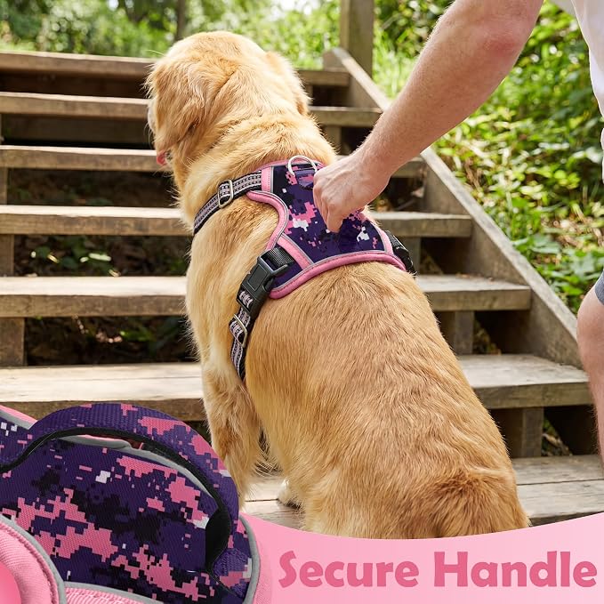 Funfox Dog Harness No Pull, Adjustable Pet Vest Harness, Super Soft Material with Vertical Handle Easy Control, Reflective Night Walking, 2 Leash Clips for Large Dogs, Mosaic Pink, L