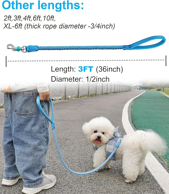 2/3/4/6/10 Foot Reflective Dog Leash Strong Nylon Rope Braided Heavy Duty for Large and Medium Small Dogs Walking Training Leads (Sky Blue, 3ft * 1/2")