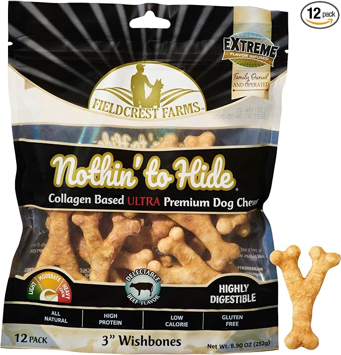 Fieldcrest Farms Nothin' to Hide 3-inch Ultra Wishbones Treats - Natural Rawhide Alternative Treats for Dogs, Collagen Based Snack for Heavy Chewers up to 15lbs - Beef Flavor, 12 Pack