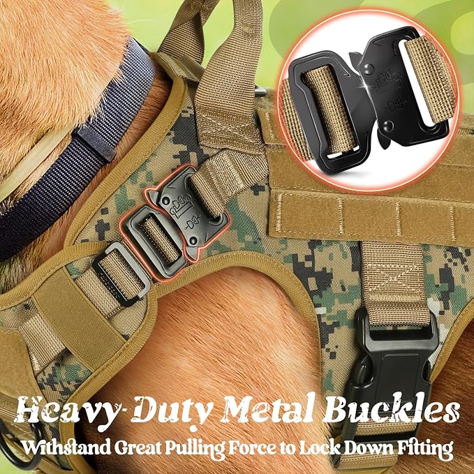 rabbitgoo Tactical Dog Harness Medium Sized, Heavy Duty Pet Harness with Handle, No-Pull Service Vest Medium Breed, Adjustable Military Dog Vest for Training Hunting Walking, Brown Camo, M