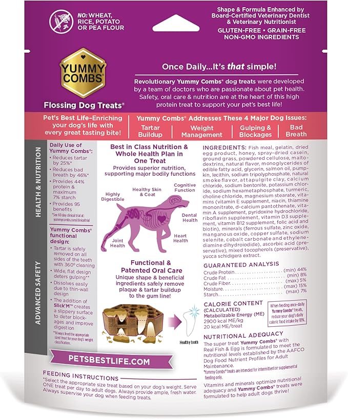 Yummy Combs Dog Dental Treats – Fish & Egg Protein – Vet VOHC Approved, Removes Tartar – A Daily Teeth Cleaning Treat for Medium Dogs (30 Count) (Pack of 2)