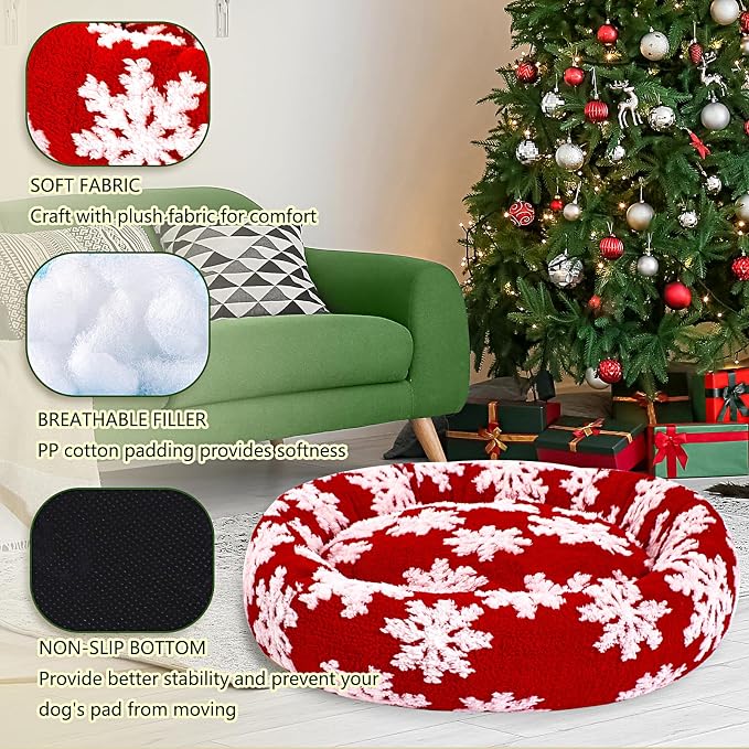 31 Inch Christmas Snowflakes Calming Dog Bed for Medium Dogs, Round Anti-Anxiety Warm Bed, Soft Cozy Anti-Slip Donut Washable Pet Bed, Fits up to 50 lbs Pets