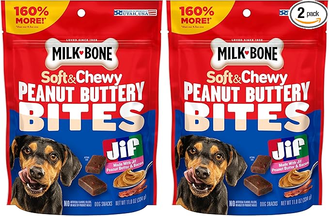 Milk-Bone Peanut Buttery Bites Soft Dog Treats with Jif Peanut Butter,11.8-Oz. Bag,(Pack of 2)