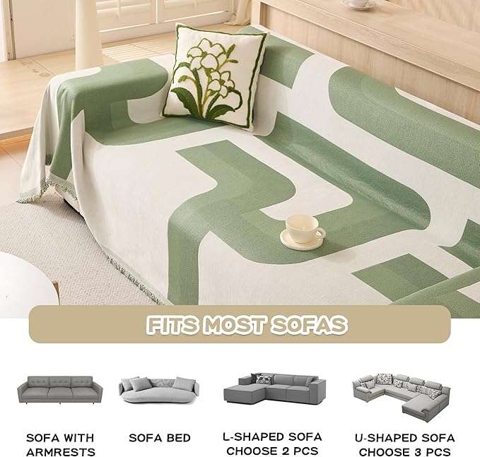 MEETSKY Couch Covers for Sofa Dogs Couch Cover Boho Sofa Slipcover Sectional Couch Covers for l Shaped Sofa Pets Protector Furniture Covers, 91" x 134", Sage Geometry