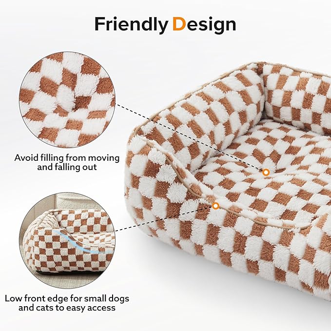 JOEJOY Dog Bed for Large Medium Small Dogs - Rectangle Orthopedic Dog Sofa Bed, Cute Modern Puppy Bed with Jacquard Shaggy Plush & Anti Slip Bottom, 30x24x9inches, Brown