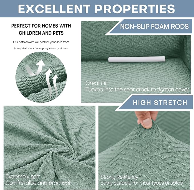 ZNSAYOTX 1 Piece Jacquard Couch Covers for 3 Cushion Couch Living Room High Stretch Sofa Cover Pets Dogs Friendly Anti Slip Thickened Slipcovers Furniture Protector (Large,New Pattern Pea Green)