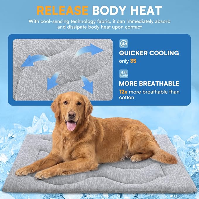 Queenmore Large Dog Cooling Mat for Dog, Portable Flat Pet Bed for Dogs and Cats, Non-Slip Summer Pet Sleeping Mat, Machine Washable, Dogs Cooling Pad Indoor (Grey Wave, XLarge(43" x 31"))