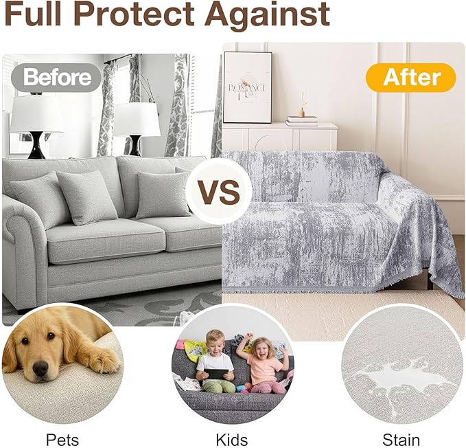 hyha Couch Cover for Dogs, Boho Sofa Covers for 3 Cushion Couch Washable, Chenille Sofa Slipcover for Pets, Soft Loveseat Sectional Couch Throw Blankets with Tassels (Grey/White, 71x134 Inch)