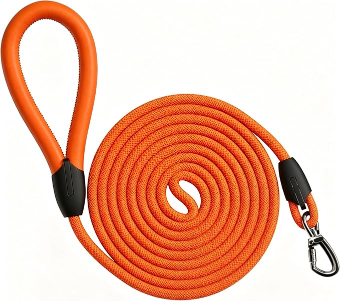 Dog Leash 5FT, Rope Leash For Dogs, Rope Dog Leather Leashes, Lead For Small Dogs,Puppy Leashes, Pet Leashes,Strong Nylon Pet Lead,Comfortable Leather Handle,Resistant To Dirt And Bite(Orange, 5 Feet)