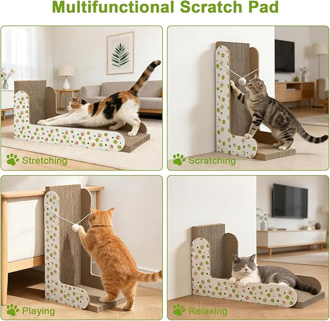 TIMHAKA Cat Scratcher, 22.7 Inch L-Shaped Cat Scratching Board for Indoor Cats, Large Double-Sided Cardboard Cat Scratcher with Ball Toy & Catnip