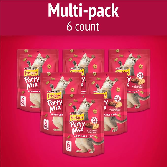 Purina Friskies Cat Treats, Party Mix Mixed Grill Crunch - (Pack of 6) 6 oz. Pouches