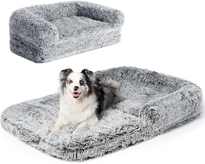 EHEYCIGA Foldable XL Dog Bed, 46"x34"x6.5" Faux Fur Fluffy Pet Couch Bed for Large Dogs, Orthopedic Calming Memory Foam Big Pet Bed, Washable Soft Pet Sofa Bed with Non-Slip Bottom, Grey
