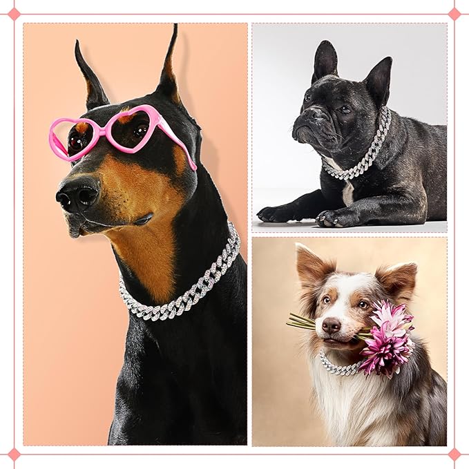 LEIFIDE Dog Chain Collar Diamond Link Puppy Collar 12 mm Wide Dog Necklace Metal Cat Chain Pet Crystal Necklace Jewelry Accessories for Small Medium Large Pet(8 Inch,Silver, AB Color)