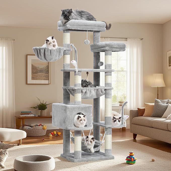 Gitelsnour Cat Tree, Cat Tower for Large Cats with 2 Big Platforms, 2 Baskets, condo and Toys, 63" Cat Scratching Posts for Indoor Cats, Light Gray GCT020W
