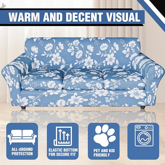 Stretch Couch Covers for 3 Separate Cushion Couch Sofa,Floral Printed Couch Sofa Cover,Washable Sofa Slipcover,Pet Friendly Furniture Protector with Elastic Bottom,Universal Fit for Home(Sofa,Cover)