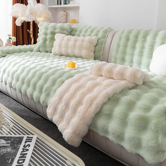 Faux Fur Couch Cover, Soft Warm Plush Sofa Couch Cover, Non Slip Sectional Sofa Slipcovers for L Shaped, Washable Furniture Protector for Kids, Dogs(Green, 36"×71")