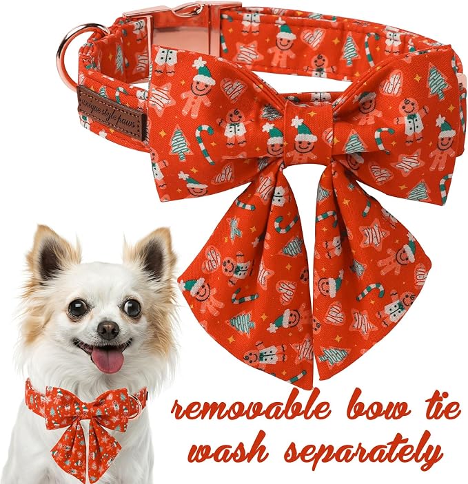 Unique Style Paws Christmas Day Dog Collar with Bowtie Red Christmas Gingerbread Cotton Puppy Collars for Small Medium Large Dogs