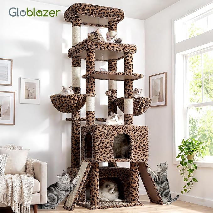 Globlazer Heavy Duty Cat Tree 78 inch Sturdy Cat Tower for 20lbs Large Adult Cats, Symmetrical Aesthetic Big Cat Tree with Extra Large Platform, 2 Scratching Boards, Z78, Leopard Print