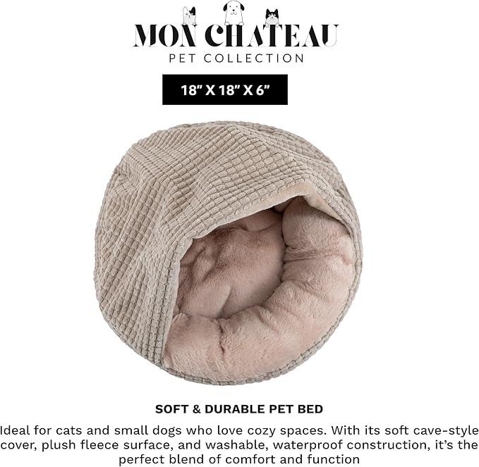 Mon Chateau Snuggle Haven Hooded Pet Bed, Covered Cat or Dog Bed, Waterproof and Machine Washable with Anti-Skid Bottom, Designed for Comfort and Safety, Oatmeal Glow