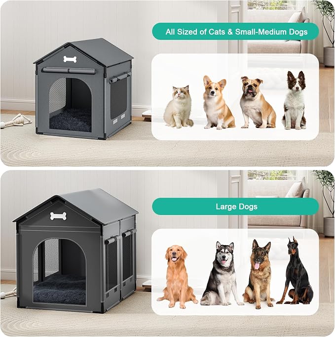 Dog House Indoor Outdoor Dog Kennel with Cushion for Small Medium Dogs Cats, Cozy Cooling Cat Nest Puppy Cave Sofa Pet Products Easy Assembly Grey, L w/Door Curtain: 27.6" L x 21.3" W x 26.8" H