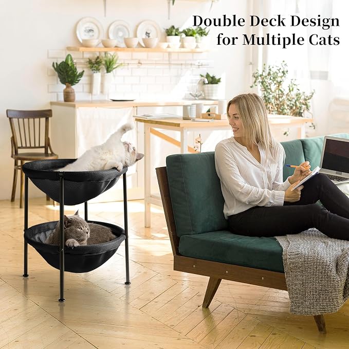JUNSPOW Double Cat Bed Black, Breathable Pet Bed for 2 Cats with 4 Adjustable Feet & Anti-Slip Mats, Easy Assembly Cat Hammock for Multi-cat Household, Indoors & Outdoors, 22.8 in x18.7 in x 18.7 in