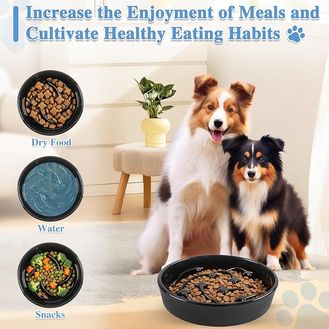 Ceramic Slow Feeder Dog Bowls, 2 Cups Dog Food Dish for Medium and Large Breed, Puzzle Dog Food Bowl for Fast Eater, 28OZ, 8.15 inch(Black)