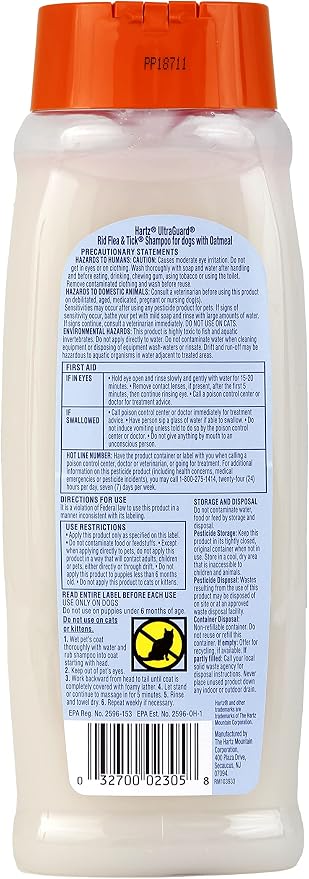 Hartz UltraGuard Rid Flea & Tick Oatmeal Dog Shampoo, 18 oz Bottle (Pack of 2)