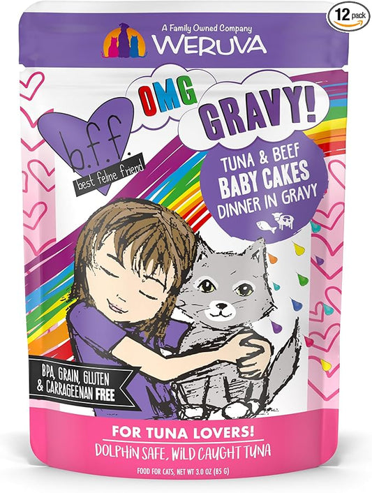 Weruva B.F.OMG - Best Feline Friend Oh My Gravy!, Tuna & Beef Baby Cakes with Tuna & Beef in Gravy Cat Food, 3oz Pouch (Pack of 12), Purple (0152)