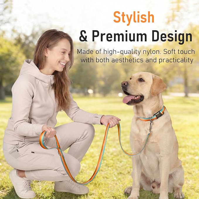Double Handle Dog Leash 5FT – Heavy Duty Nylon Flat Leash with Traffic Handle & Safety Lock Clip,Colorful Durable Walking Lead for Small Medium Large Dogs Training & Daily (Sunset Orange)