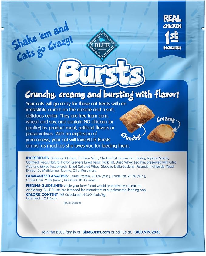 Blue Buffalo Crunchy Cat Treats, Chicken | Bursts | 5-oz Bag | Pack of 4